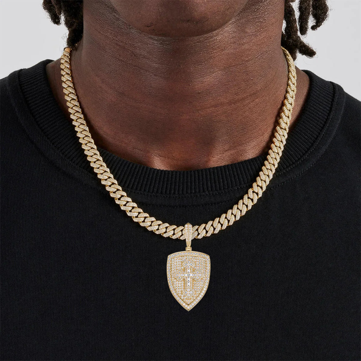 Celestial Cross Shield Moissanite Pendant - 18K White Gold