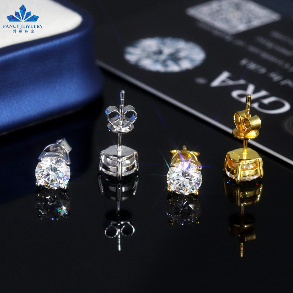 VVS Moissanite Stud Earrings - Round Cut in Precious Metal