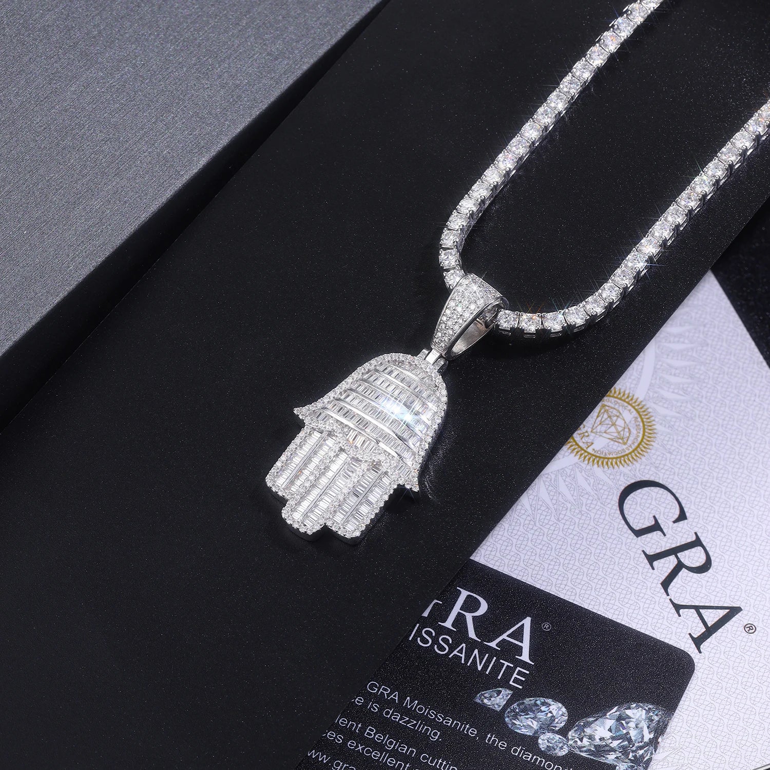 Iced Hamsa Hand Moissanite Pendant - GRA Certified