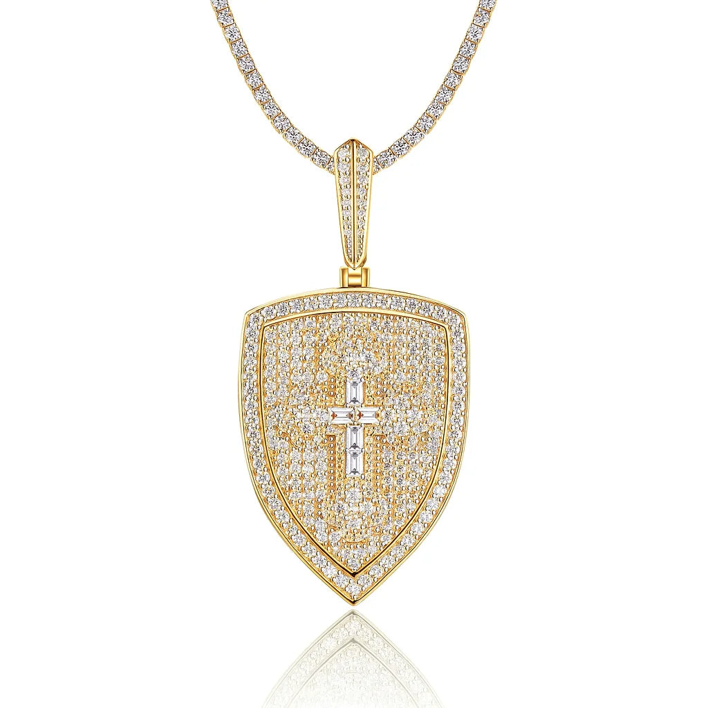 Celestial Cross Shield Moissanite Pendant - 18K White Gold