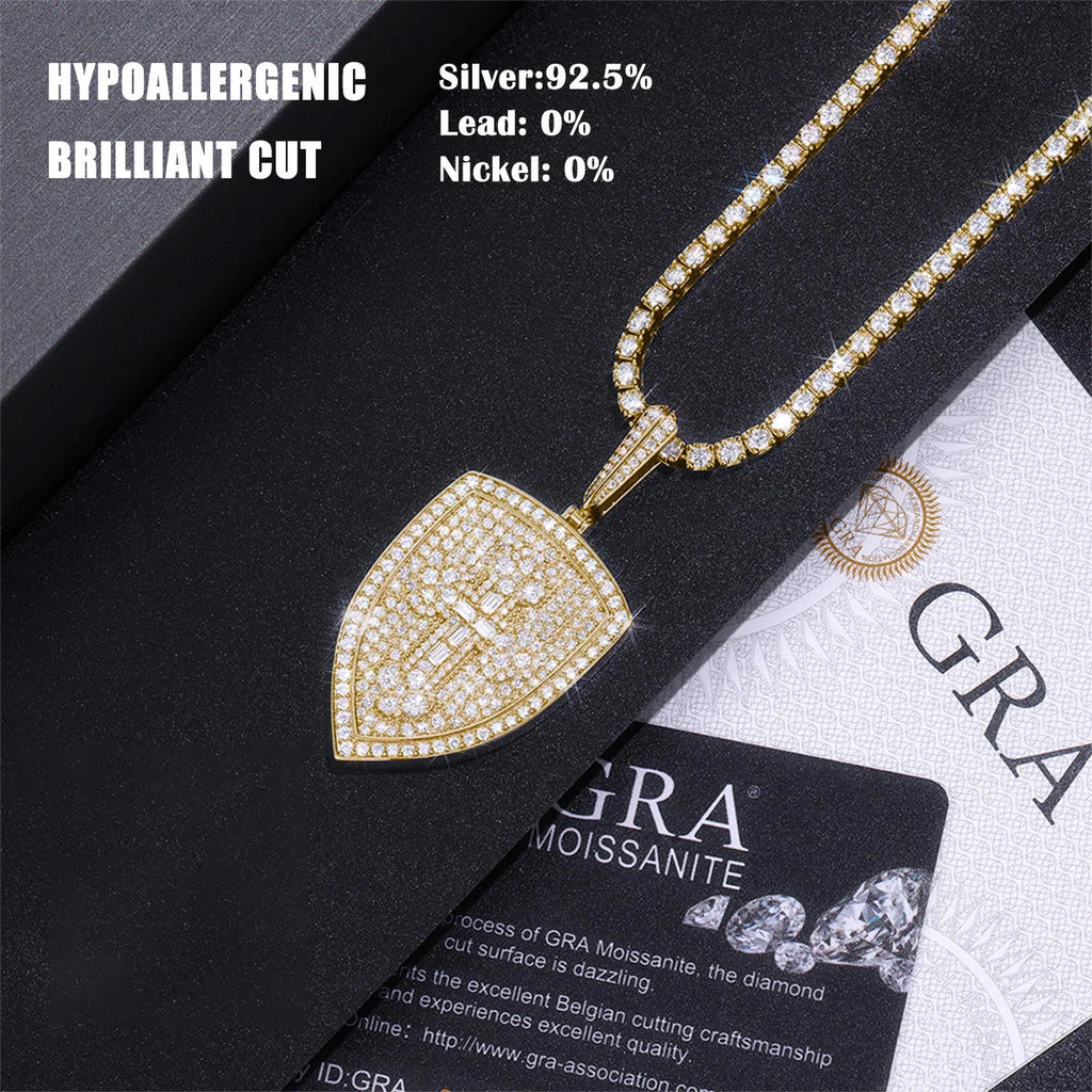 Celestial Cross Shield Moissanite Pendant - 18K White Gold