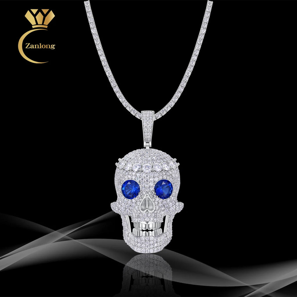 Moissanite Skull Pendant Necklace - 925 Sterling Silver