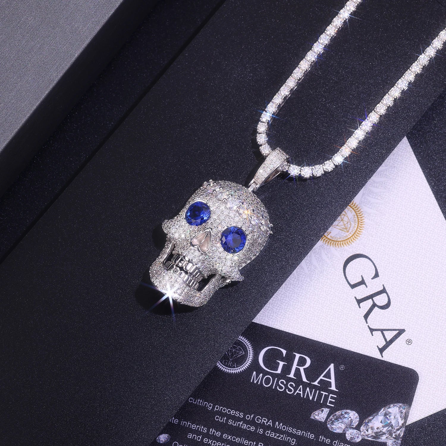 Moissanite Skull Pendant Necklace - 925 Sterling Silver