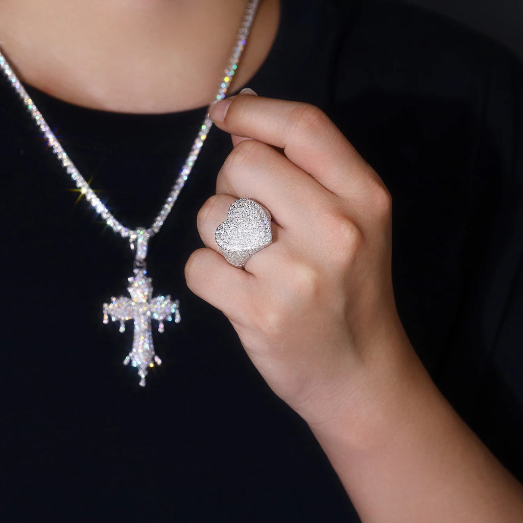 Heart-Shaped Men's  Full Ice Out heart Moissanite Diamond Cuban Style Ring