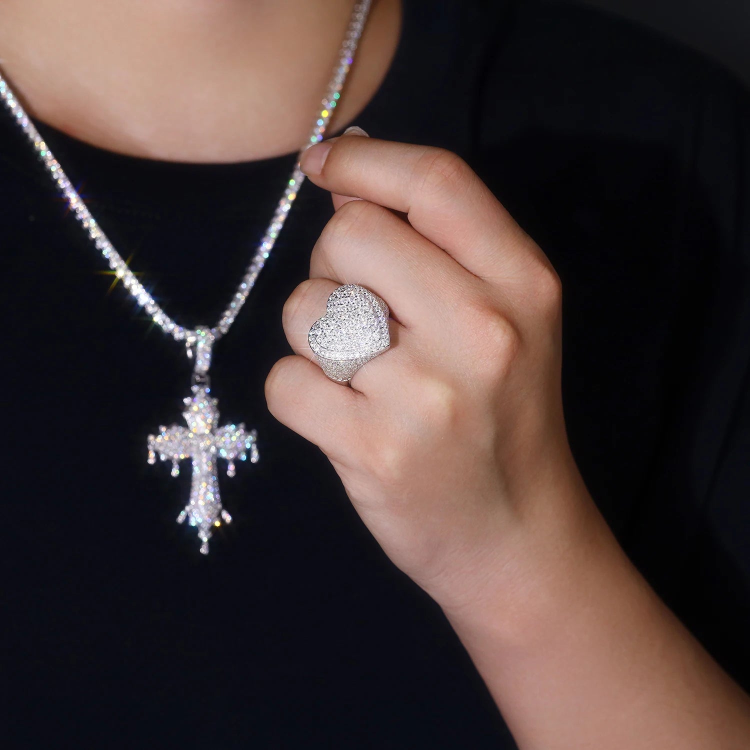 Heart-Shaped Men's  Full Ice Out heart Moissanite Diamond Cuban Style Ring