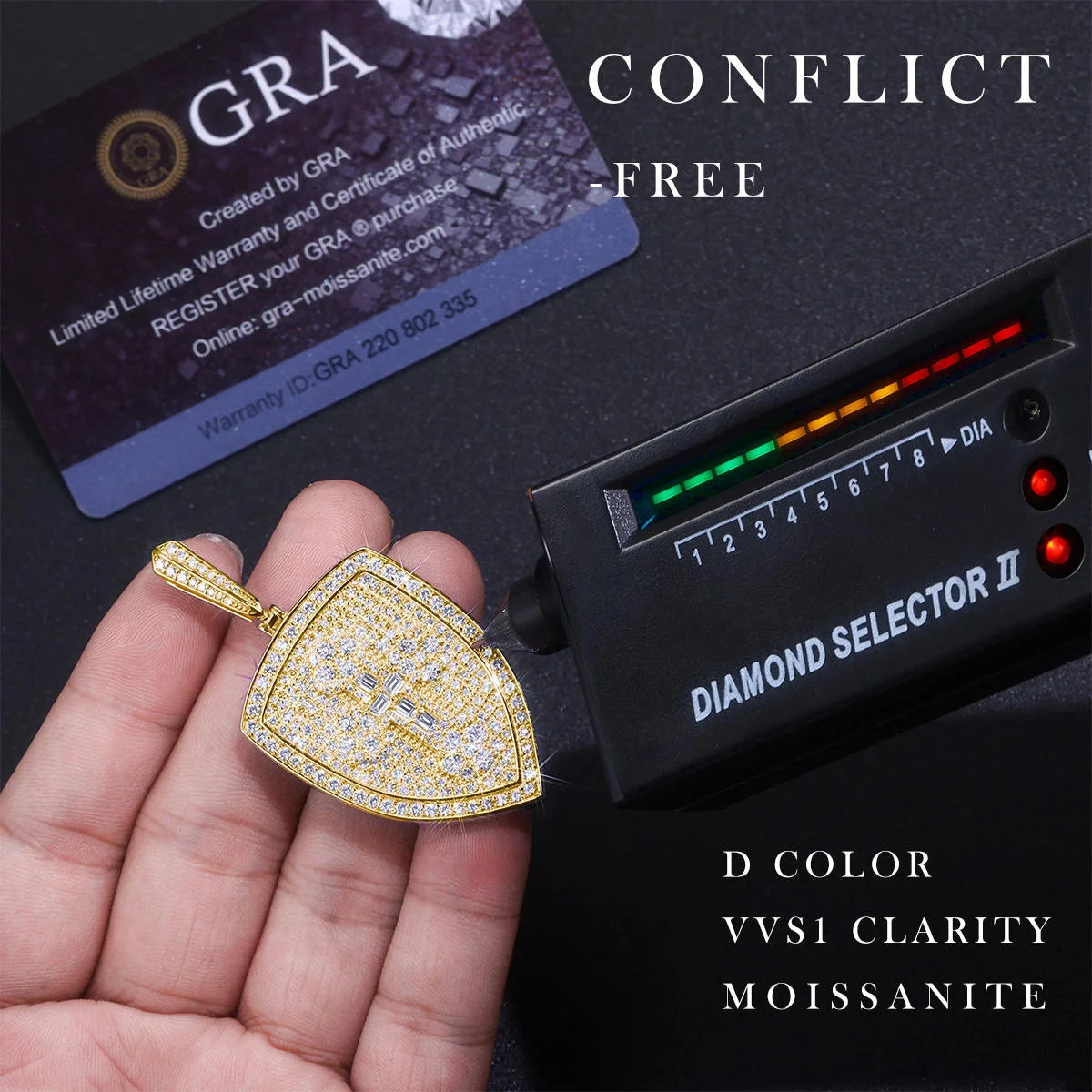 Celestial Cross Shield Moissanite Pendant - 18K White Gold