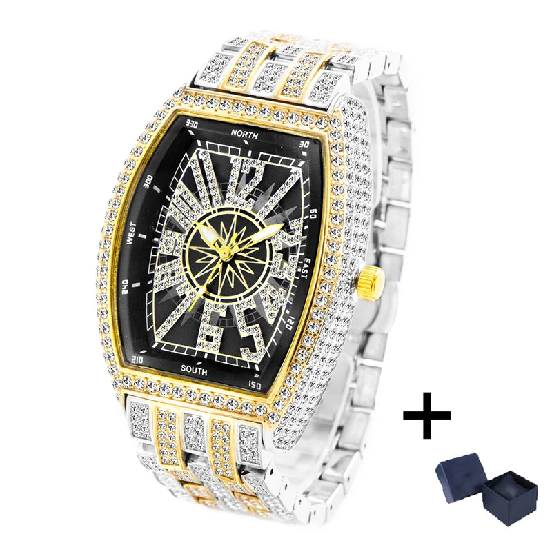 Iced Diamond Tonneau Watch - Luxury Waterproof Quartz