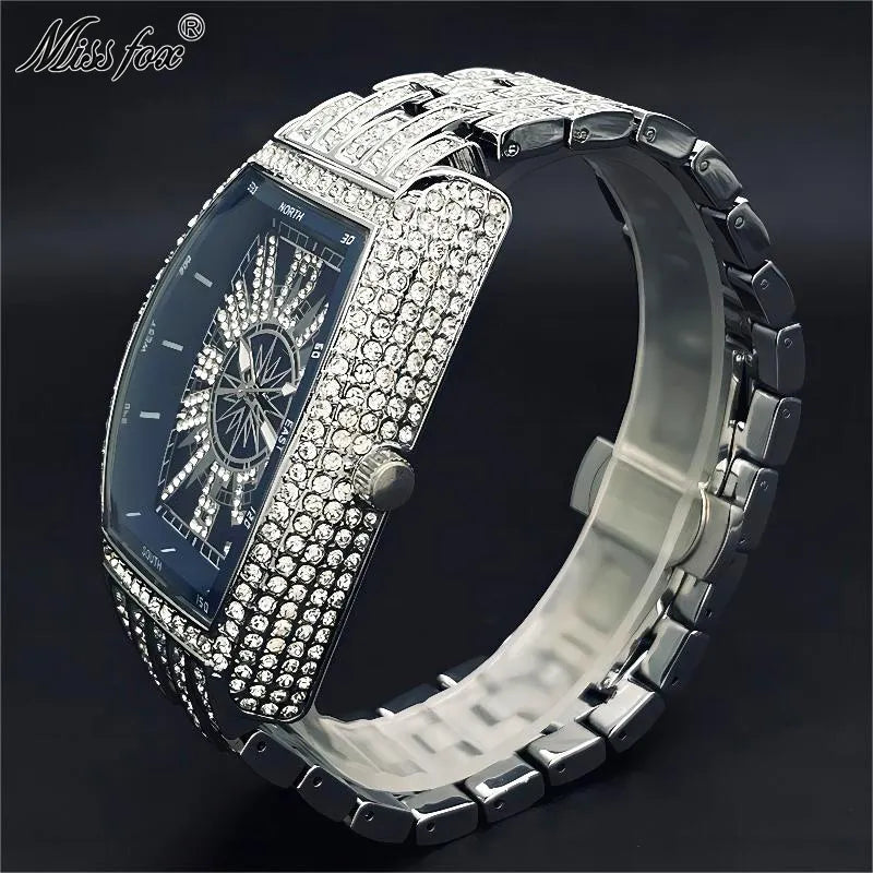 Iced Diamond Tonneau Watch - Luxury Waterproof Quartz