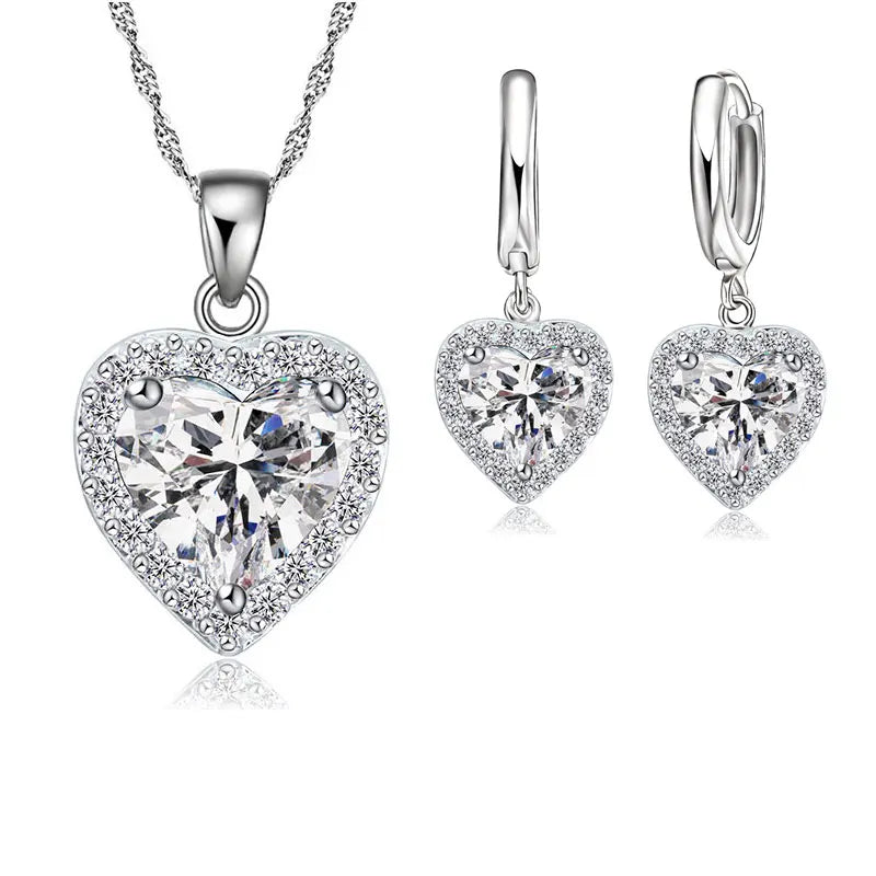 Crystal Heart Jewelry Set - 925 Sterling Silver Necklace & Earrings