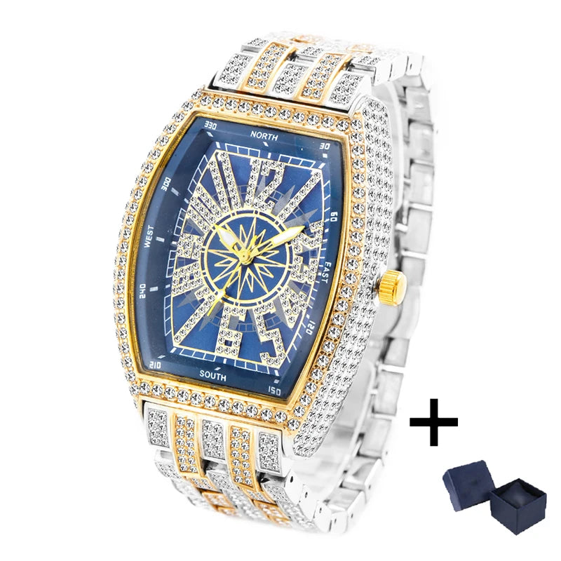 Iced Diamond Tonneau Watch - Luxury Waterproof Quartz