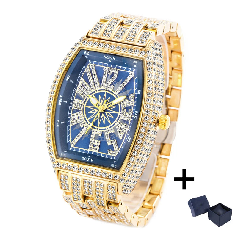 Iced Diamond Tonneau Watch - Luxury Waterproof Quartz