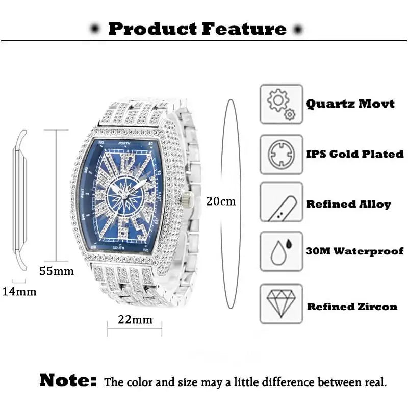 Iced Diamond Tonneau Watch - Luxury Waterproof Quartz