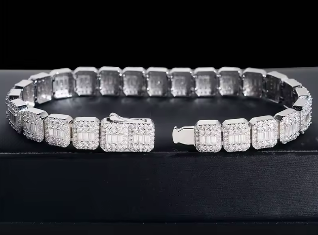 9mm Baguette Moissanite Tennis Bracelet – White Gold Over 925 Sterling Silver