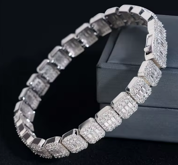 9mm Baguette Moissanite Tennis Bracelet – White Gold Over 925 Sterling Silver