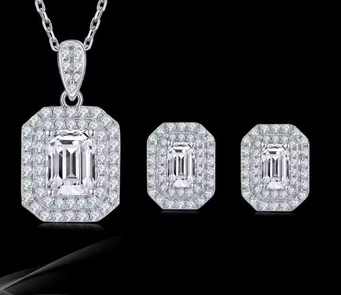 Emerald-Cut Moissanite Jewelry Set - Necklace & Earrings