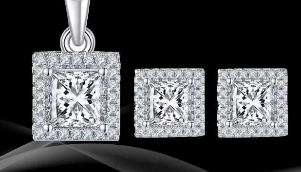 Princess Cut Halo Moissanite Set - Earrings & Pendant