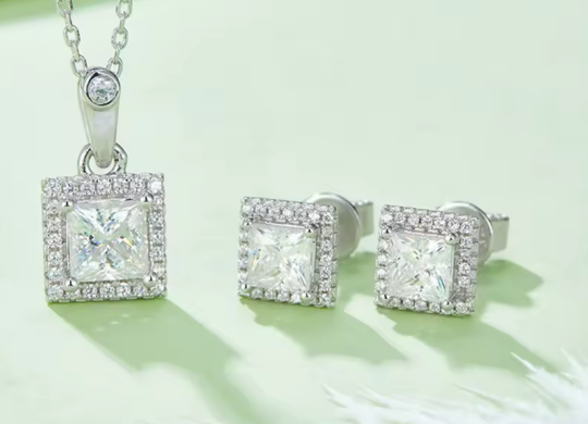 Princess Cut Halo Moissanite Set - Earrings & Pendant
