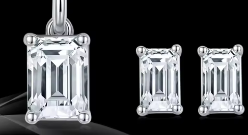 Emerald Cut Halo Moissanite Set - Earrings & Pendant