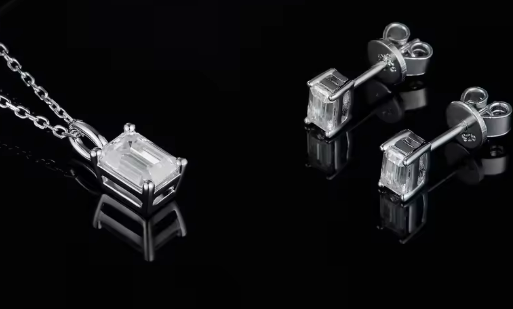 Emerald Cut Halo Moissanite Set - Earrings & Pendant