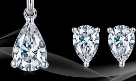 Pear Cut Moissanite Set - Platinum Plated Earrings & Pendant