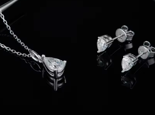 Pear Cut Moissanite Set - Platinum Plated Earrings & Pendant