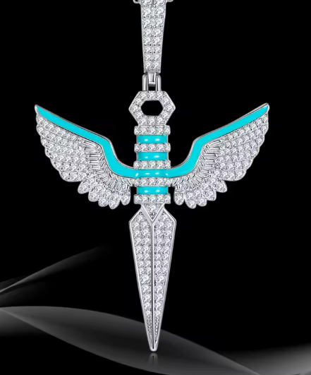 Winged Dagger Pendant Necklace - 925 Sterling Silver with Blue Accents