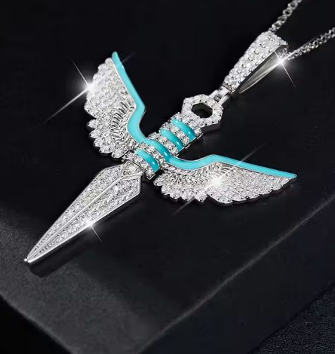 Winged Dagger Pendant Necklace - 925 Sterling Silver with Blue Accents