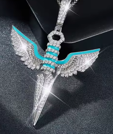 Winged Dagger Pendant Necklace - 925 Sterling Silver with Blue Accents