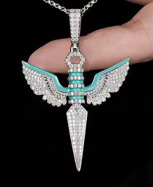 Winged Dagger Pendant Necklace - 925 Sterling Silver with Blue Accents