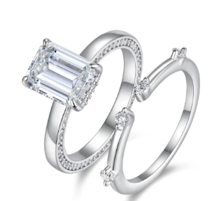 Celestial Bridal Ring Set - Emerald-Cut Solitaire & Pavé Band