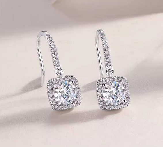 Celestial Square Drop Dangle Earrings with Moissanite