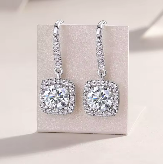 Celestial Square Drop Dangle Earrings with Moissanite