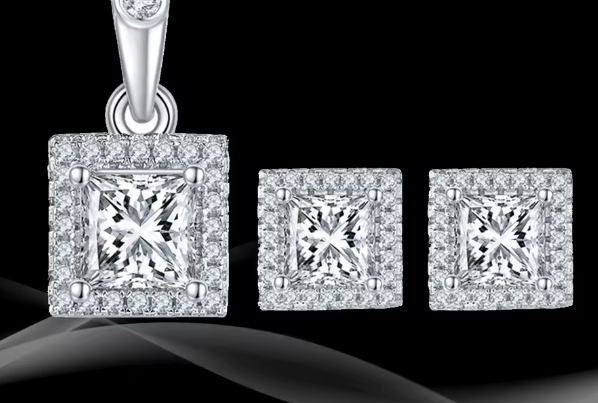 Princess-Cut Moissanite Jewelry Set - Necklace & Earrings