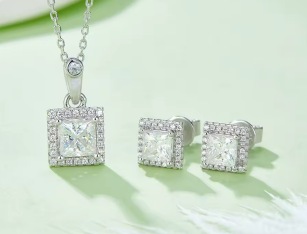 Princess-Cut Moissanite Jewelry Set - Necklace & Earrings