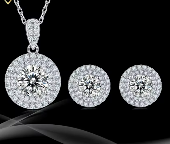 Round Brilliant Double Halo Moissanite Set - Earrings & Pendant