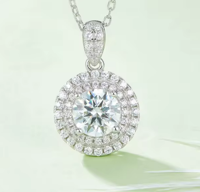 Round Brilliant Double Halo Moissanite Set - Earrings & Pendant