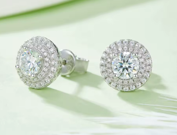 Round Brilliant Double Halo Moissanite Set - Earrings & Pendant