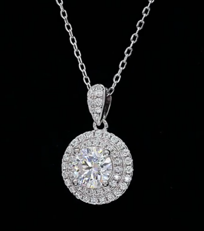 Round Brilliant Double Halo Moissanite Set - Earrings & Pendant