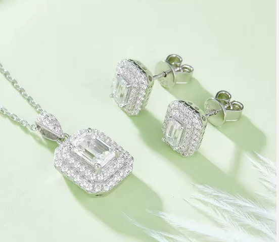 Emerald-Cut Moissanite Jewelry Set - Necklace & Earrings