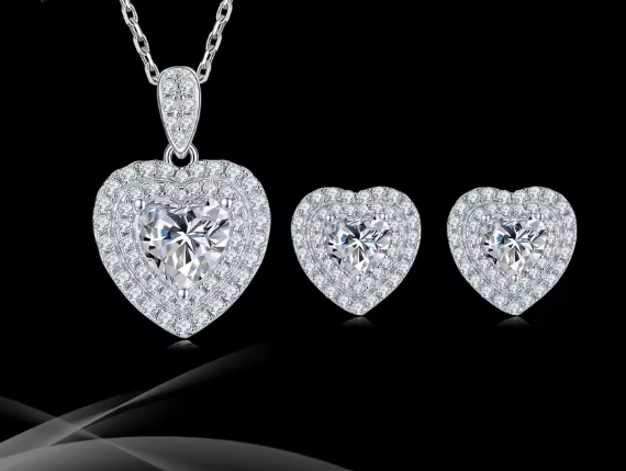 Romantic Heart Cut Halo Moissanite Set - Earrings & Pendant