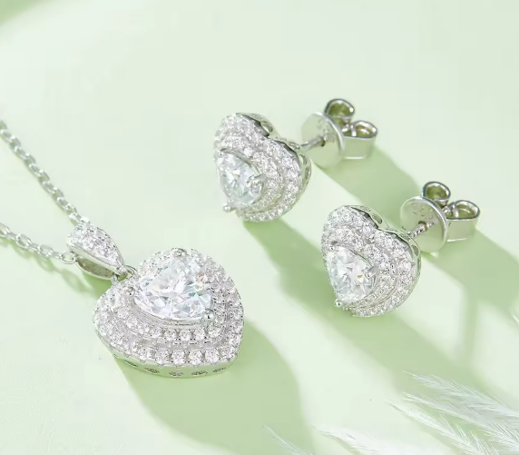 Romantic Heart Cut Halo Moissanite Set - Earrings & Pendant