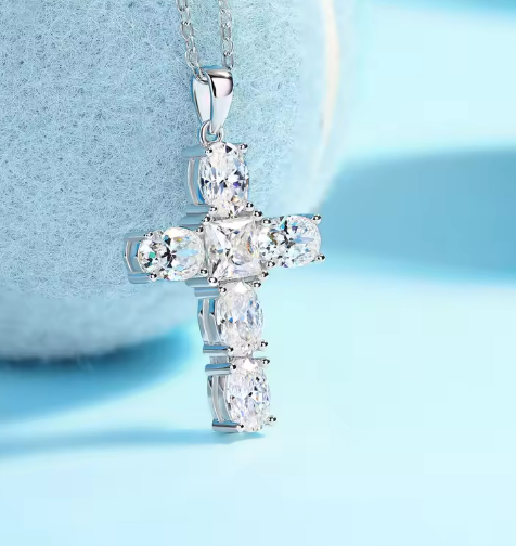 Asymmetric Celestial Cross Pendant - 925 Sterling Silver VVS Moissanite