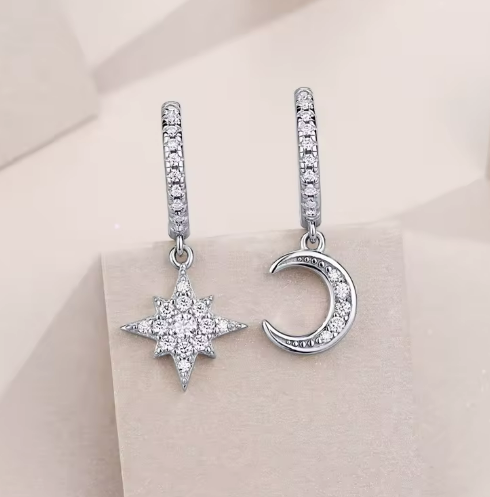 Celestial Star & Moon Dangle Earrings - 925 Sterling Silver