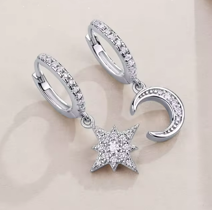 Celestial Star & Moon Dangle Earrings - 925 Sterling Silver