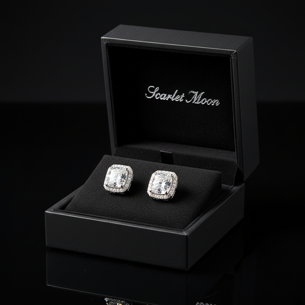 Cushion-cut earrings in Scarlet Moon box