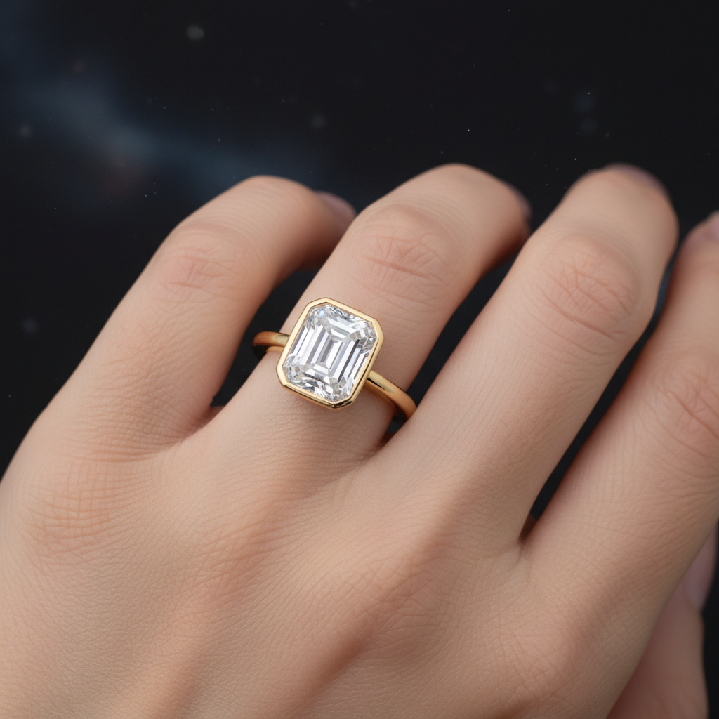 Hand wearing emerald-cut bezel ring