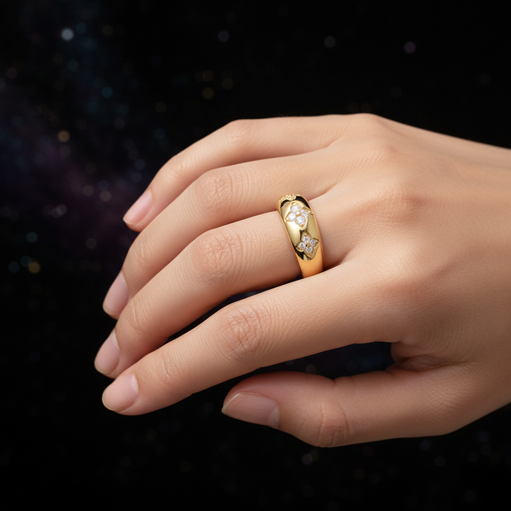 Hand wearing floral band ring