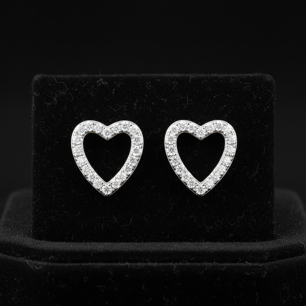 Heart earrings on velvet display