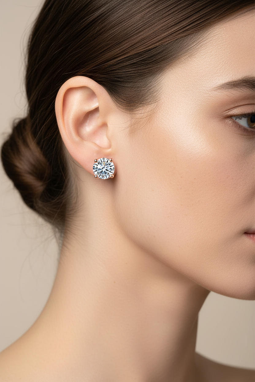 Model wearing certified moissanite studs