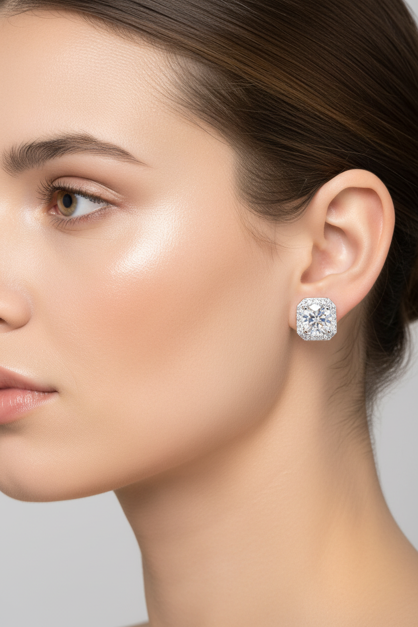 Model wearing cushion-cut halo earrings
